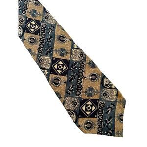 Vintage Rooster Blue Tan Scandanavian Style Print Silk Necktie